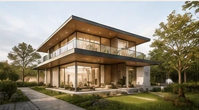 Modern villa surrounded by greenery